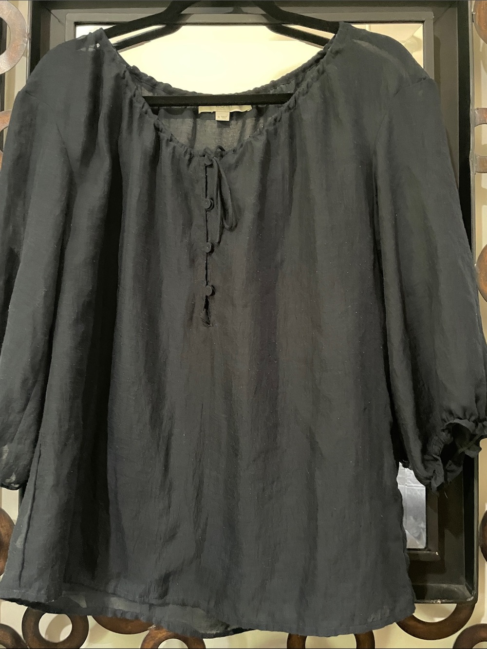 LOFT Women's Black Peasant blouse with Button and Tie Neck